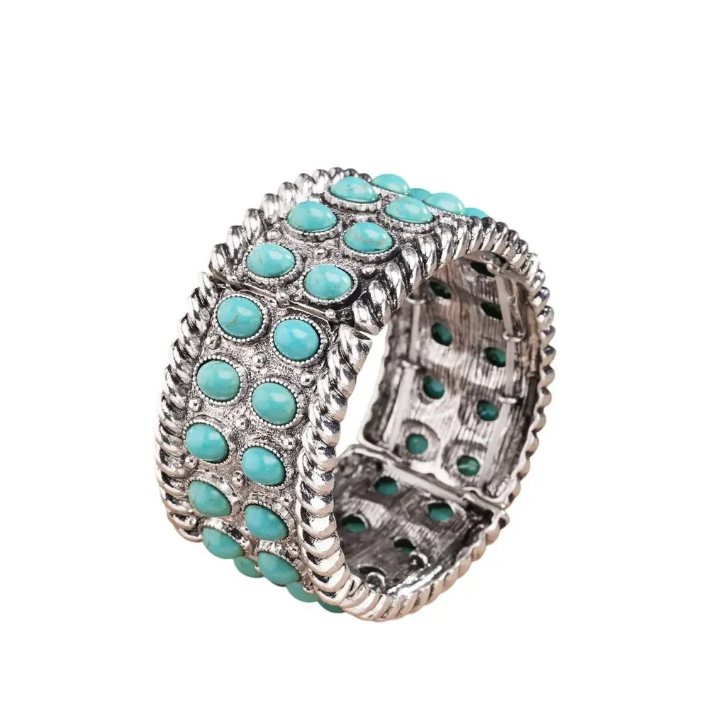 Western Bubble Pattern Turquoise and Silver Stretch Bracelet